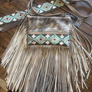 Fringe Crossbody Bag with Turquoise Accent